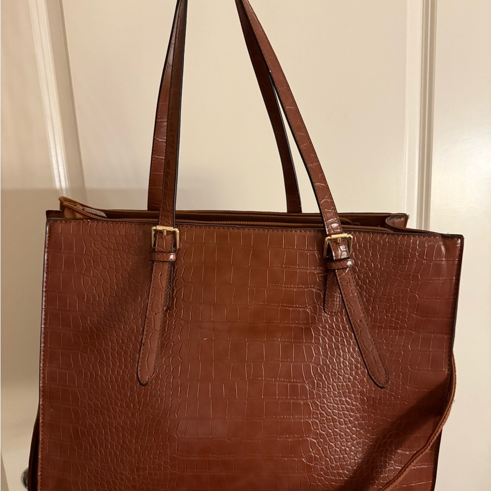 Elegant Brown Faux Crocodile-Embossed Tote Bag